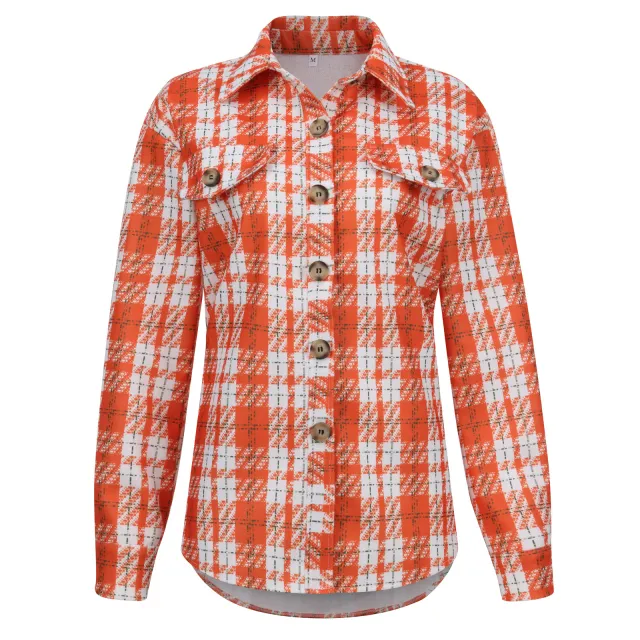 Women's Plaid Long Sleeve Lapel Shirt Coat Orange - Shop at LoveMi