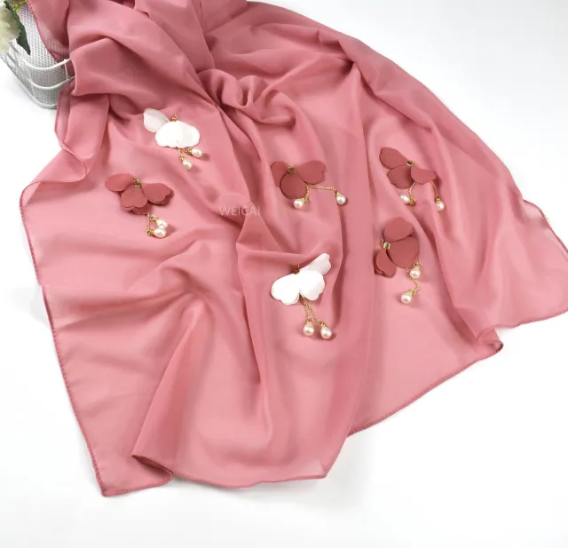 Pearl Chiffon Female Hijab Flower Hui Gauze Scarf Pink - Shop at LoveMi