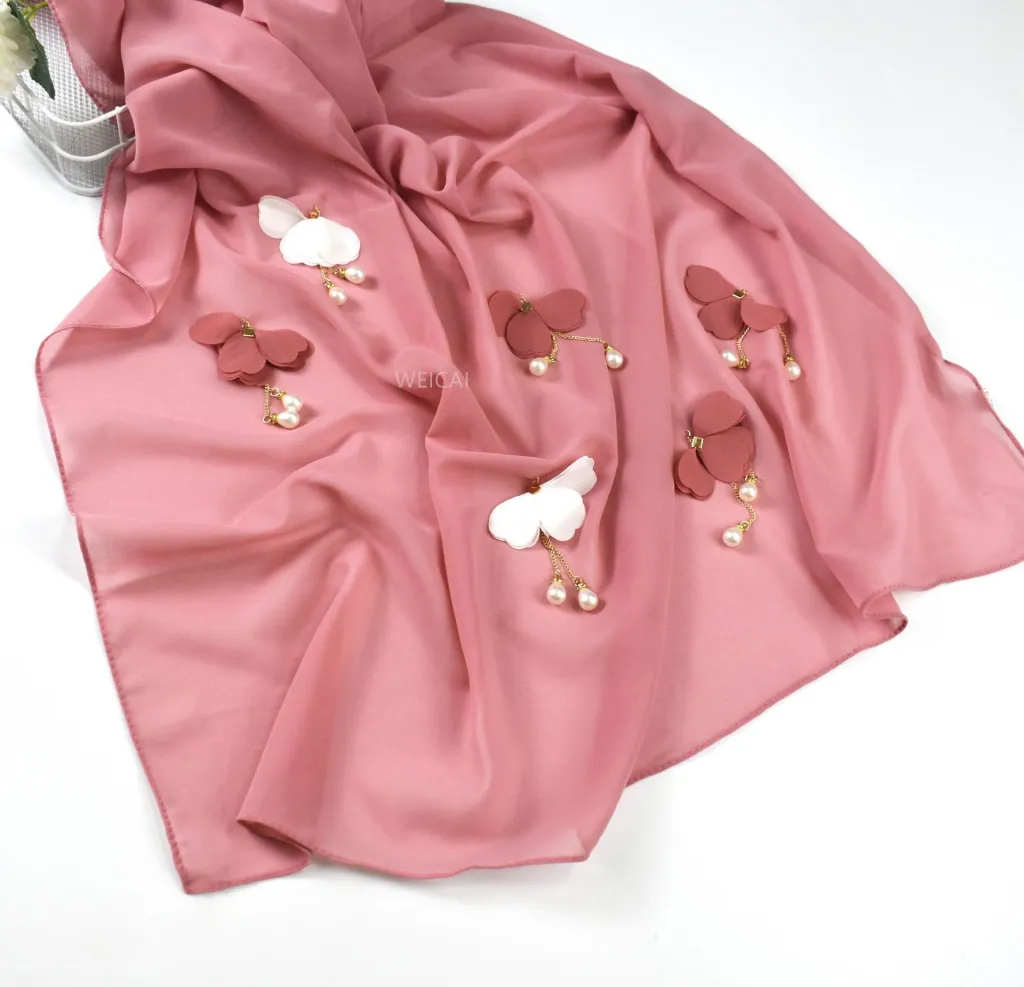 Pearl Chiffon Female Hijab Flower Hui Gauze Scarf - Pink
