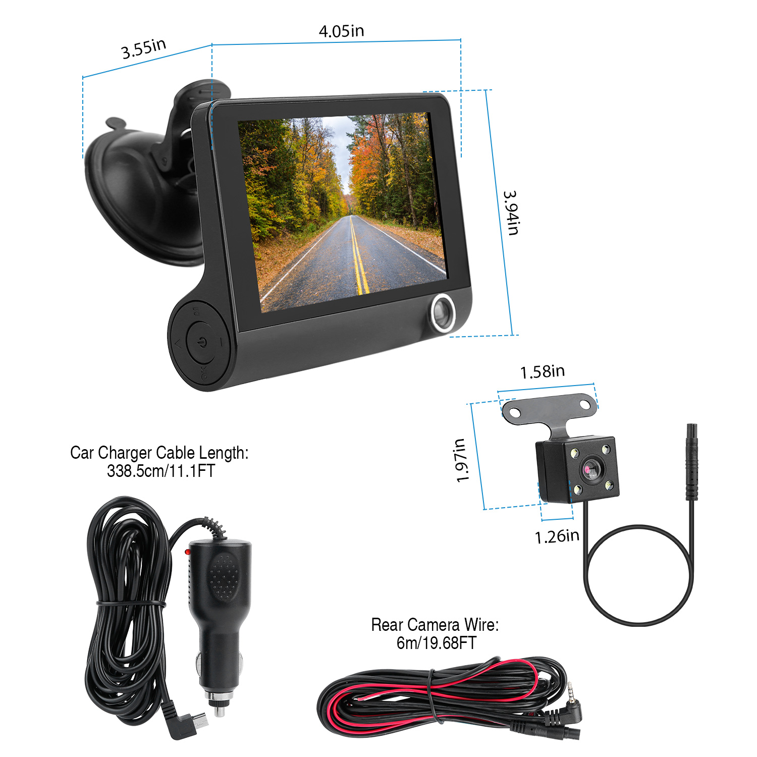 1296P Car DVR Dash Camera 4In 3 Lens Vehicle Driving Recorder Seamless Recording