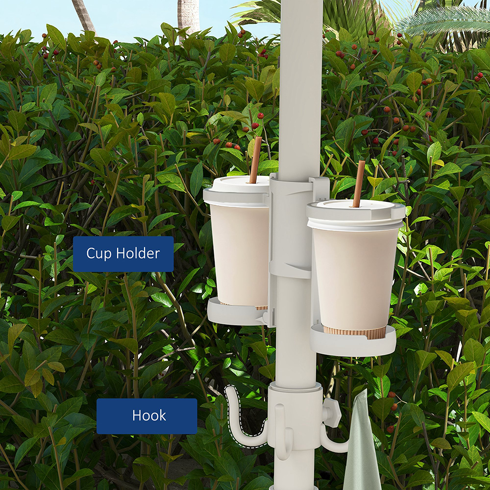 5.7' Beach Umbrella For Travel With Tilt, Adjustable Height, 2 Cup Holders, Hooks, Vent, Ruffles, Blue Stripe, Sapphire Blue