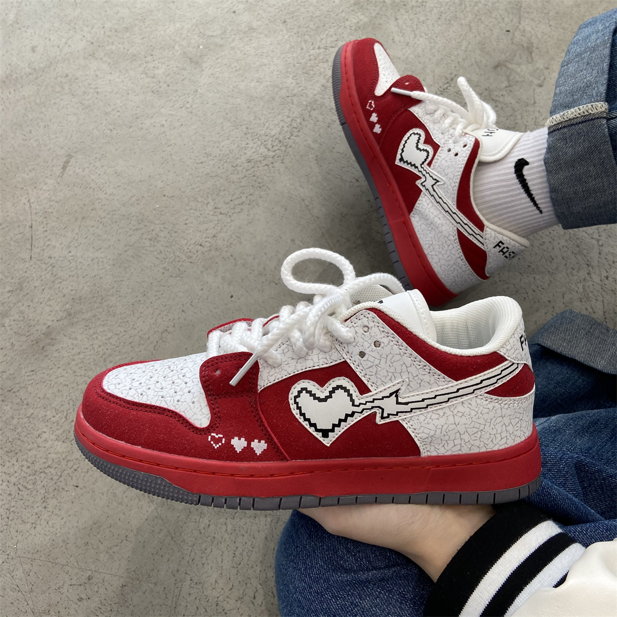 Pixel Heart Red Skateboard Shoes Female