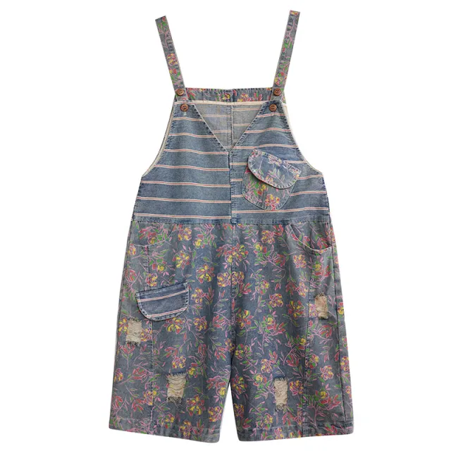 Oversized Chubby Mm Loose And Slim Five Piece Jumpsuit With Printed Denim Straps - Shop at LoveMi