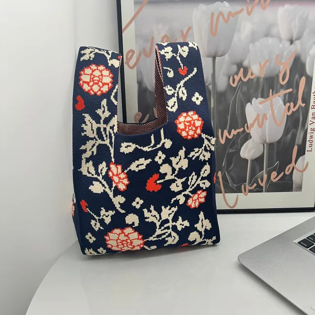 Girl's Floral Patchwork Knitted Handbag One Shoulder Knitted Navy - Shop at LoveMi