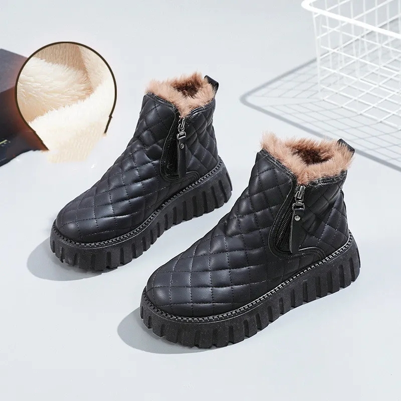 Women's Plaid Pattern Platform Ankle Boots Casual Side Zipper Plush Lined Snow Boots Winter Comfortable Short Boots - Black