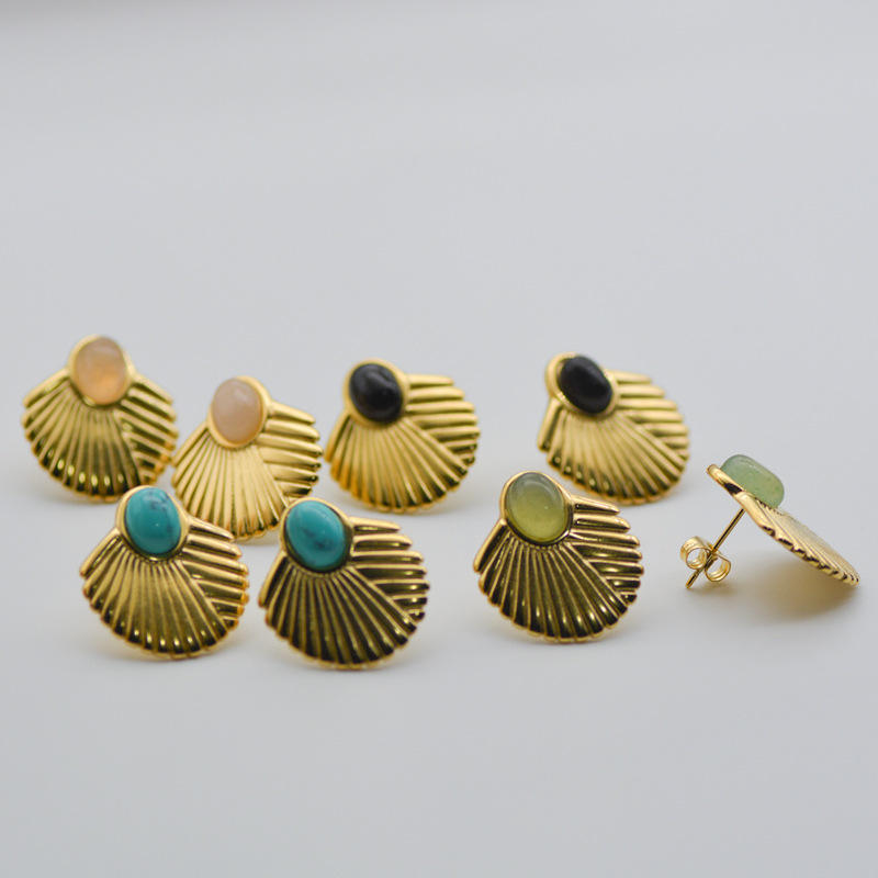 Bohemian Ethnic Gold Platede Turquoise Fan Shape Stud Earring