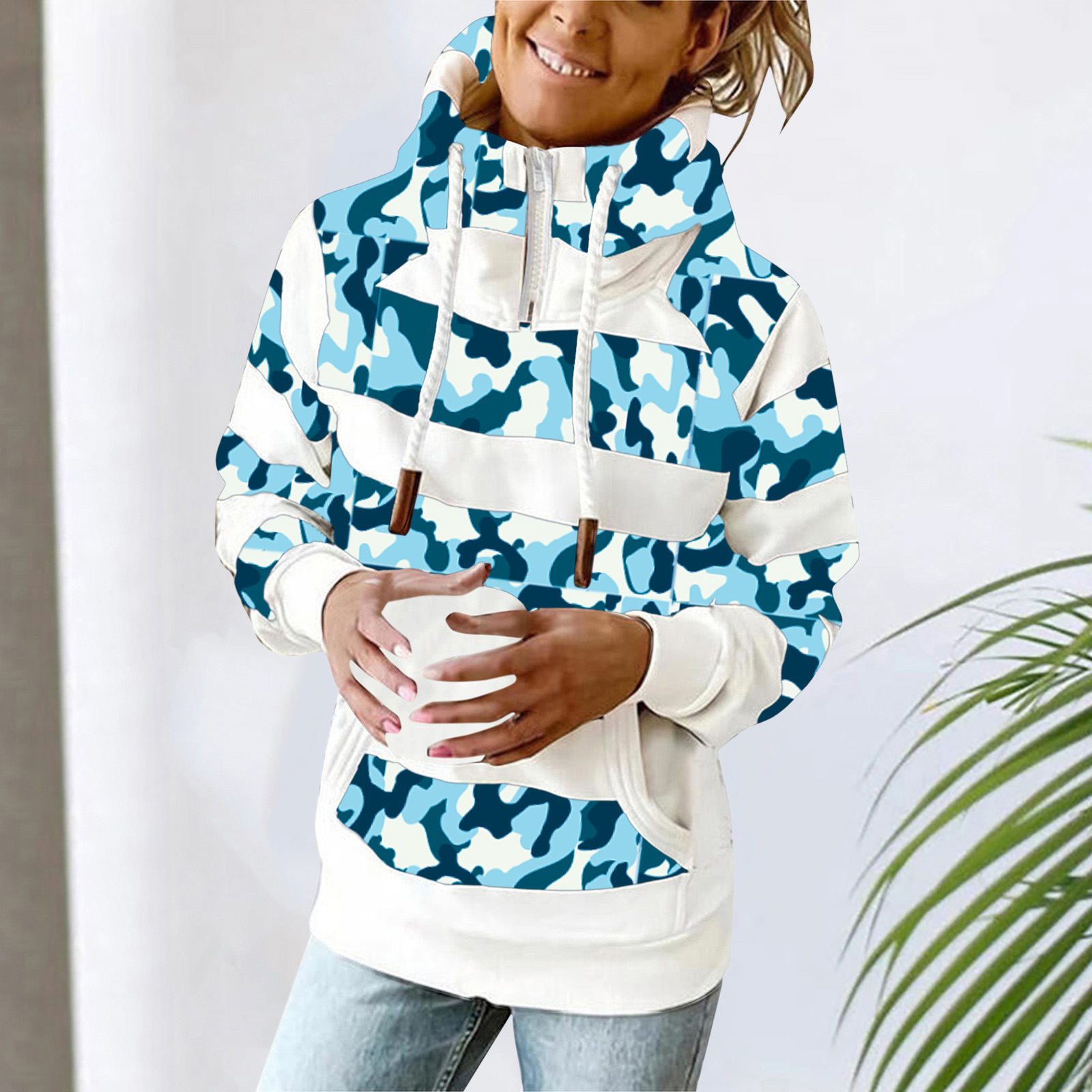 Printed Long Sleeve Hooded Pullover Ladies Sweatshirt Top