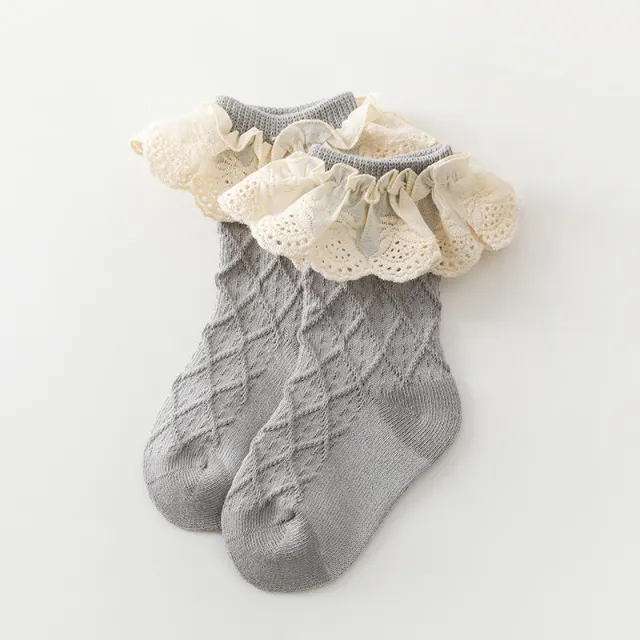 Korean Solid Lace Girls' Medium Tube Socks Grey - Shop at LoveMi