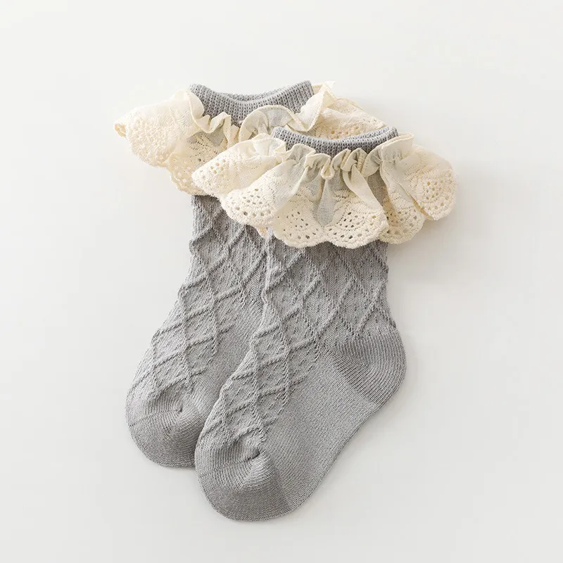 Korean Solid Lace Girls' Medium Tube Socks - Grey