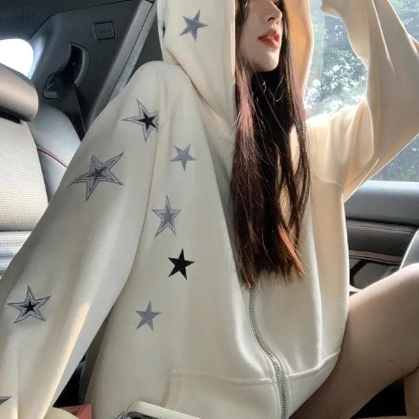 Sweet Cool Stars Embroidered Zipper Hooded Sweatshirt Jacket Female White - Shop at LoveMi