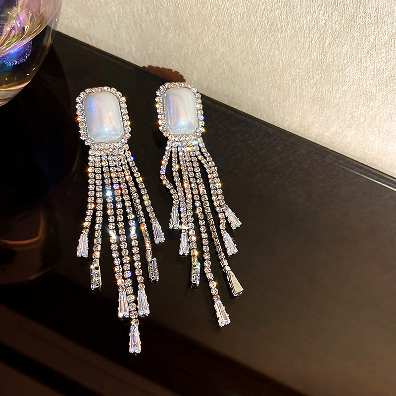 European And American Fashion Exaggerated Pearl Full Diamond Long Tassel Earrings