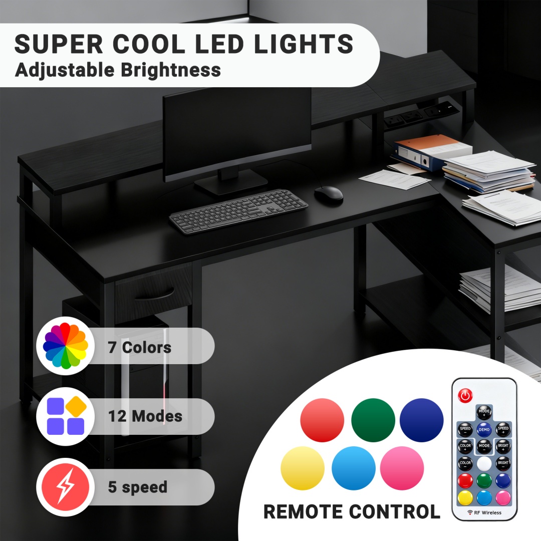 53-inch Gaming Table With USB Charging Port And LED Light, Reversible L-shaped Table With Power Socket And Monitor Stand image 21