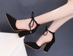 Suede Fashion Thick Heel Pointed Toe Women's Shoes - Black - View 1
