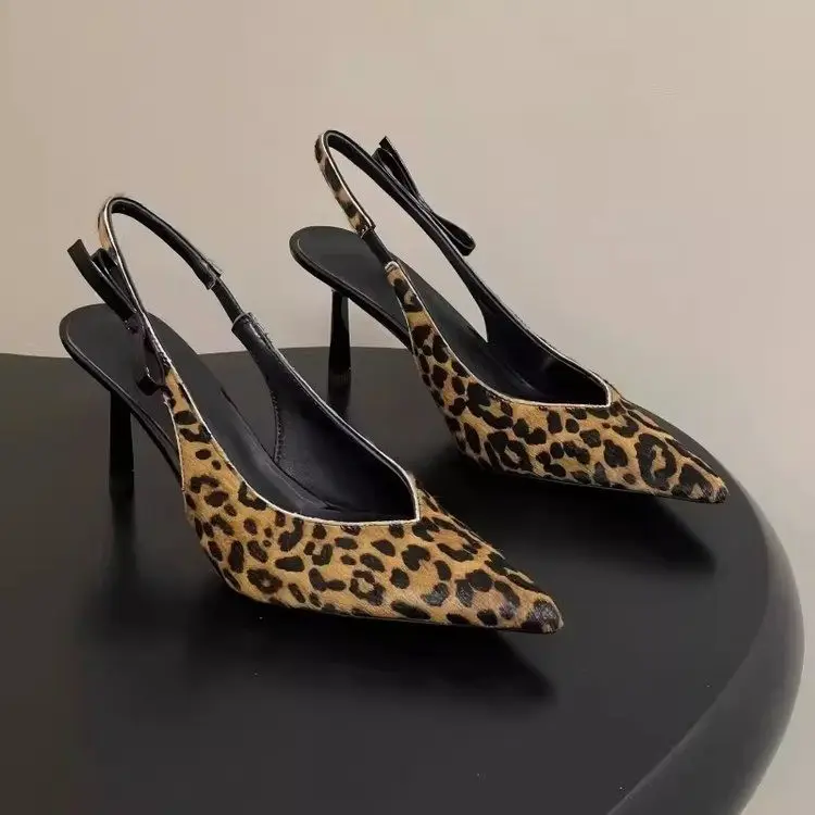 French Leopard Print Pointed Toe Backless Sandals