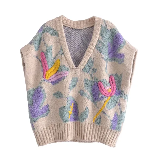 V Neck Embroidered Knit Tank Top Beige - Shop at LoveMi