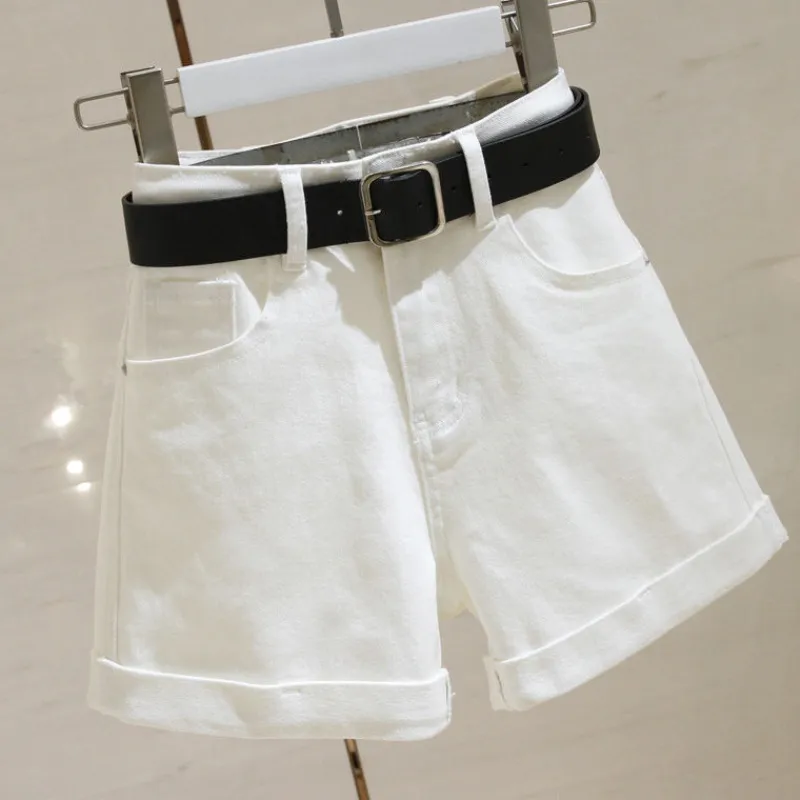 Women's Denim Shorts Summer High Waist Loose Curling - White