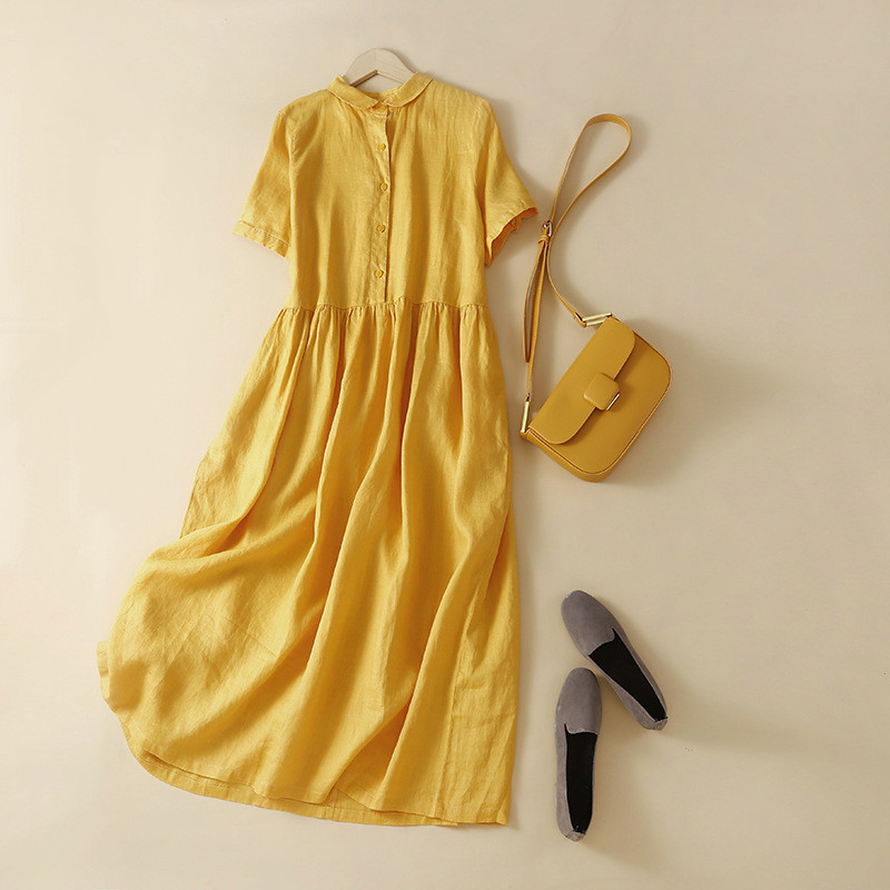 New Fashion Relaxed-fit Doll Collar Cotton Linen Short Sleeve Dress