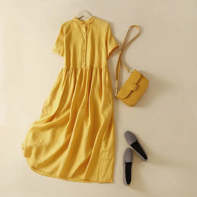 New Fashion Relaxed-fit Doll Collar Cotton Linen Short Sleeve Dress