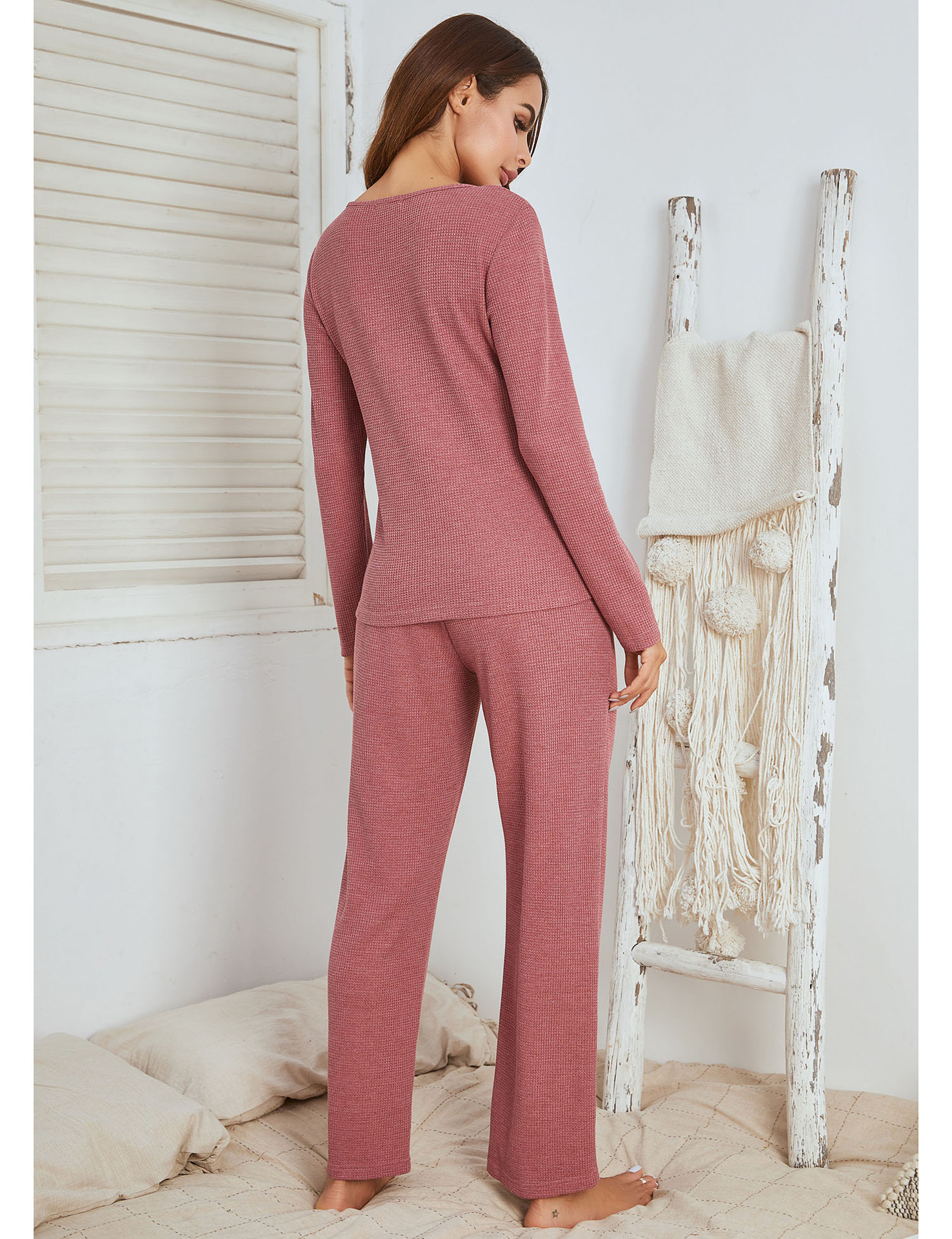 Title 2, Waffle Long Sleeve Long Pajamas Women