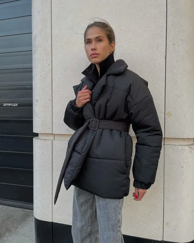 Winter Lapel Waisted Cotton Coat Fashion Solid Color Slim Overcoat Womens Clothing Black - Shop at LoveMi