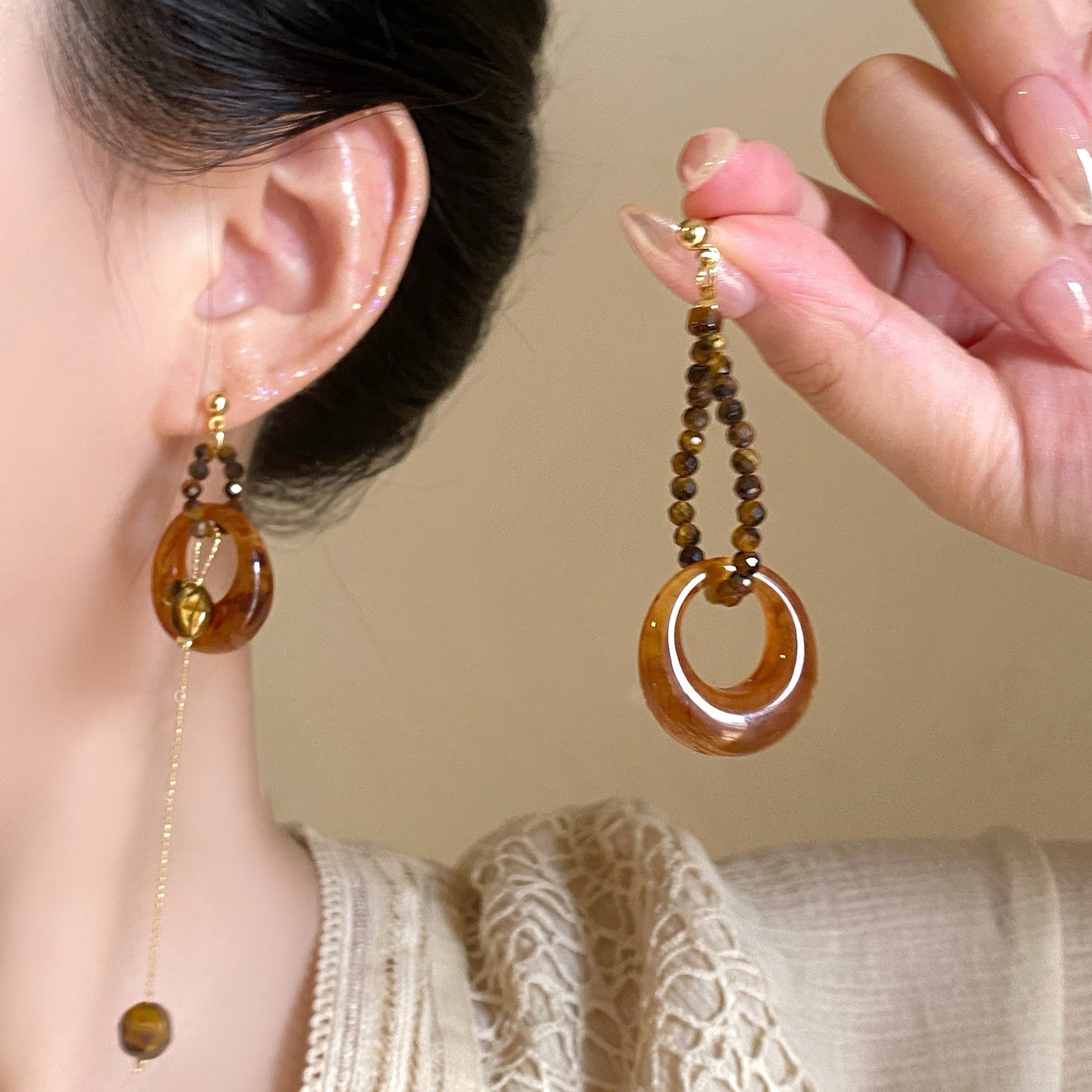 Amber Resin Hoop Stud Earrings with Gold Accents - Vintage Style Button Earrings - Image 4