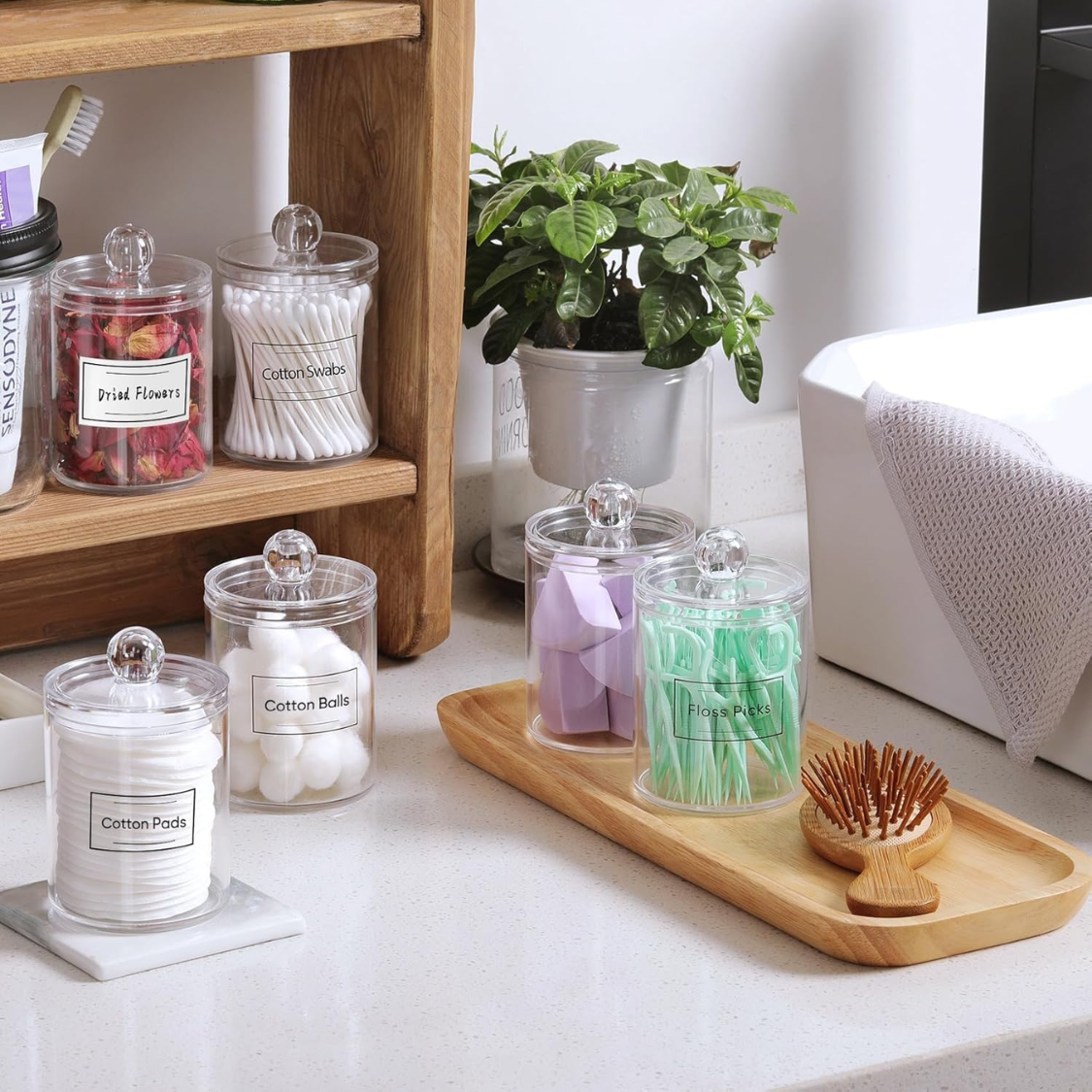 4 Pack Acrylic Qtip Holder Dispenser For Cotton Swabs, Balls, Pads, Floss Picks- Small Clear Acrylic Canister Apothecary Jar Set, Bathroom 5