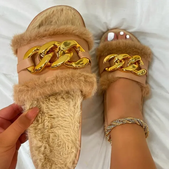 Women's Shoes Thick soled One line Chain Buckle Hair Slippers Brown - Shop at LoveMi