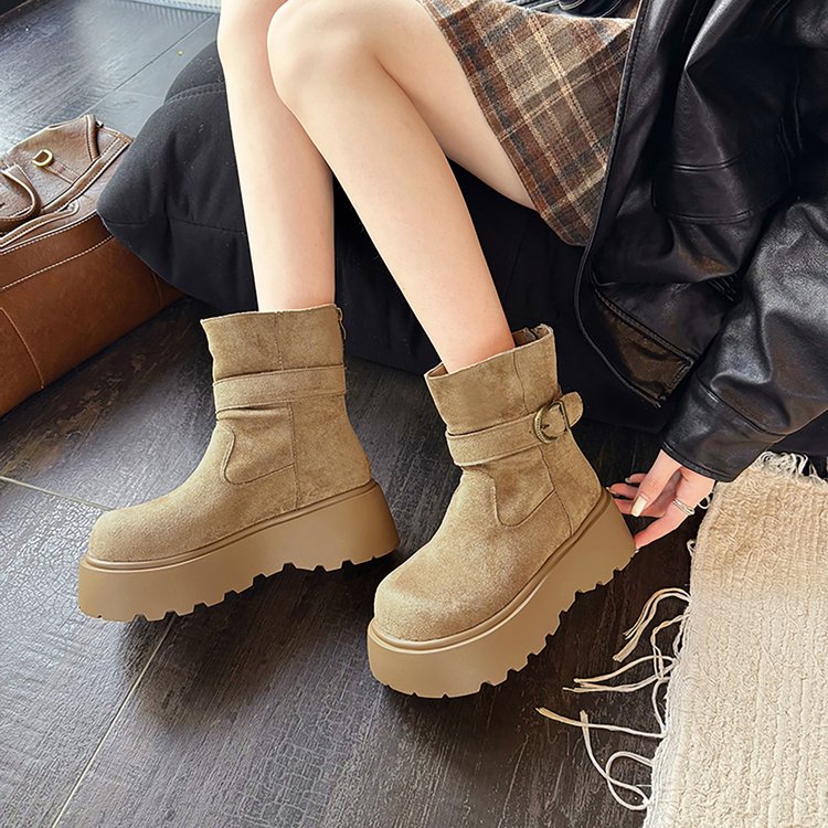 Women's Versatile Retro Heightening Platform Snow Boots, 2025 New Winter Mid-Calf Belt Buckle Martin Boots