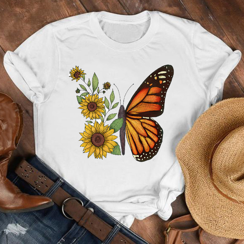 Title 5, Ladies Cartoon Butterfly Flower Short-sleeved D...