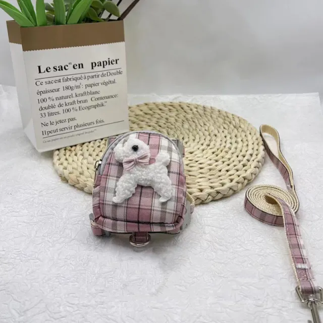 Pet Backpack Teddy Bear Traction Rope Cat Dog Chest Strap Pink Checked Puppy Bag - Shop at LoveMi