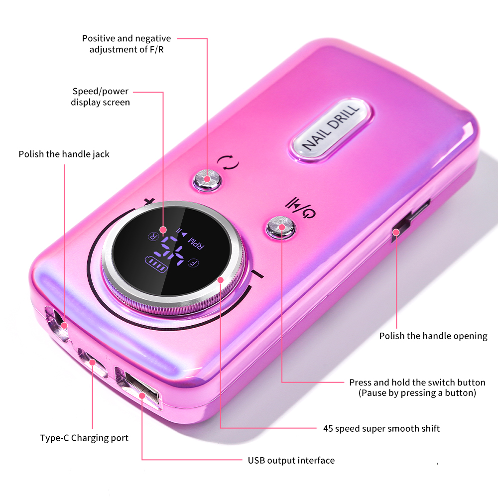 Professional Electric Nail Drill, 45000RPM Cordless Nail File Drill With 6 Drills, LCD Display, Nail File Machine For Removing Acrylic Gel Nails, Nail Salon Equipment, Rechargeable 5