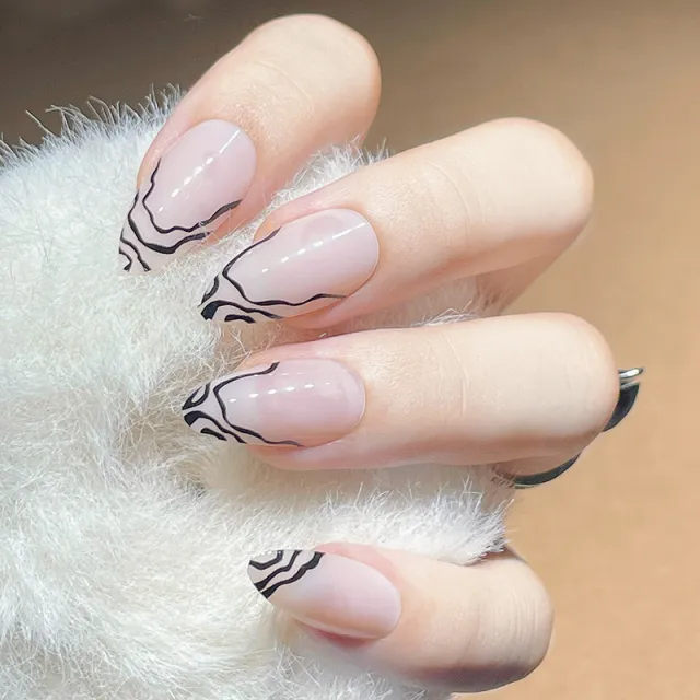 French Water Drop Manicure Rhinestones Wear Nails Black And White - Shop at LoveMi