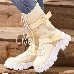 Platform Boots Buckle Lace-up Cowboy Boots Women Shoes - Beige - View 1