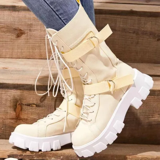 Platform Boots Buckle Lace up Cowboy Boots Women Shoes Beige - Shop at LoveMi