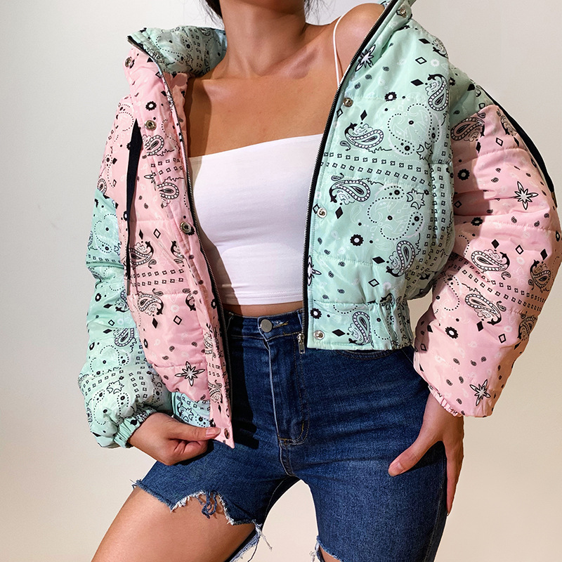 European And American Fruit Color Printed Stand Collar Coat