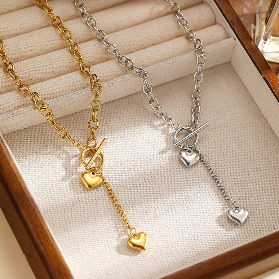 Women OT Toggle Clasp Y Drop Necklace Double Heart Pendant Paperclip Chain Gold Silver Tone Stainless Steel Chic Collarbone Necklace Ladies Fashion Jewelry Gift