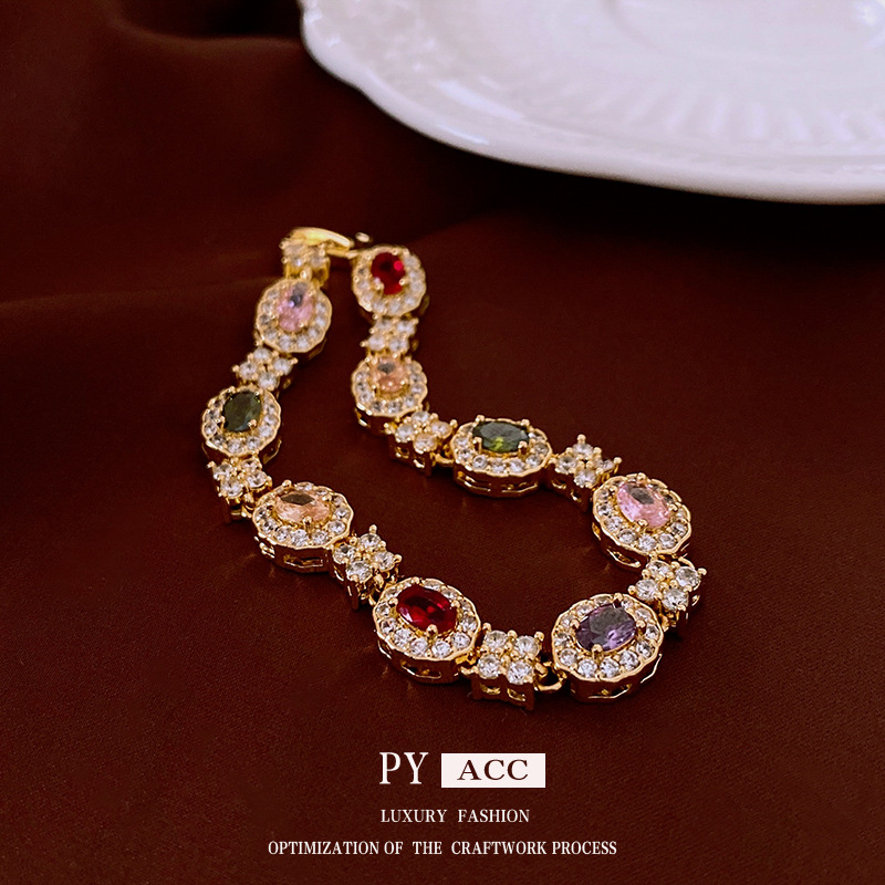 18K Real Gold Plated Oval Cubic Zirconia Clasp Bracelet Retro Elegant Bangle Exquisite Vintage Wrist Jewelry