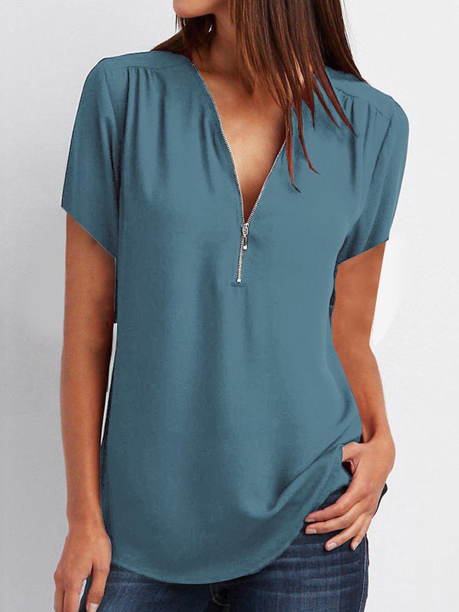 Title 3, V-neck Zipper Short-sleeved Chiffon Shirt