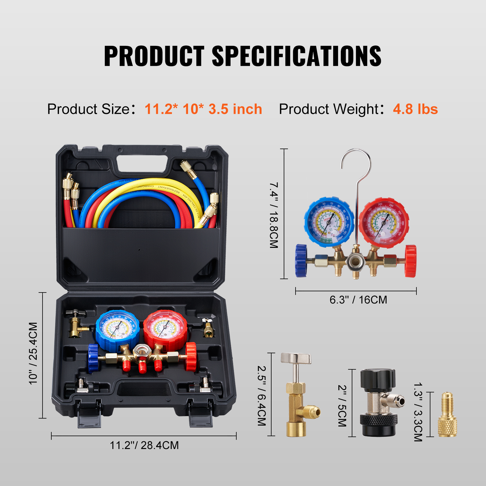 VEVOR AC Gauge Set - 3 Way AC Manifold Gauge Set For R134A R22 R12 R502 Refrigerant, Freon Gauges With 5ft Hoses, Couplers, Can Tap Works On Car Auto Freon Charging And Evacuation — foto 6