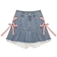 Women's Fashion Lace-up Denim Skirt - Blue - View 1