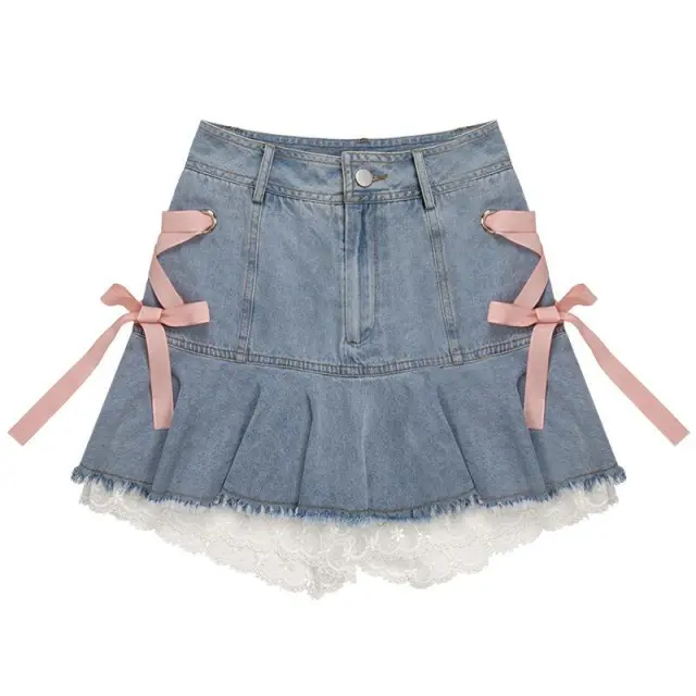Women's Fashion Lace up Denim Skirt Blue - Shop at LoveMi