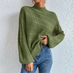 New Solid Colour Women's Blouse Loose Round Neck Sweater - Green - View 1