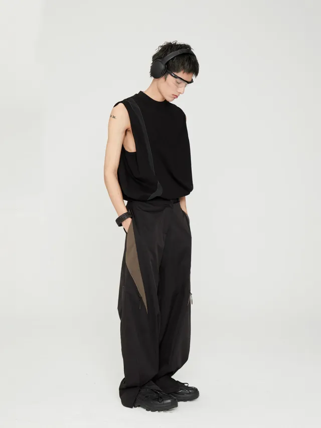 Ladies Main Line Oblique Waist Splicing Texture Wide Legs Close Feet Black - Shop at LoveMi