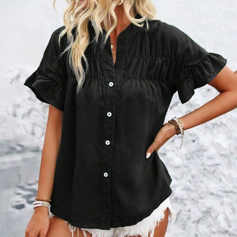 Women's Summer Casual Shirt Button Front, Pleated Design With Lace Trim, Solid Color Top Black - Shop at LoveMi