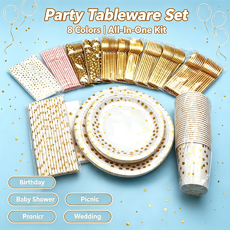Disposable Gold Dot Party Tableware Set, Paper Plates Cups Napkins Straws Golden Cutlery Tablecloth, All In One Party Supplies For Birthday Baby Shower Wedding Picnic, 8 Colors Available - image 8