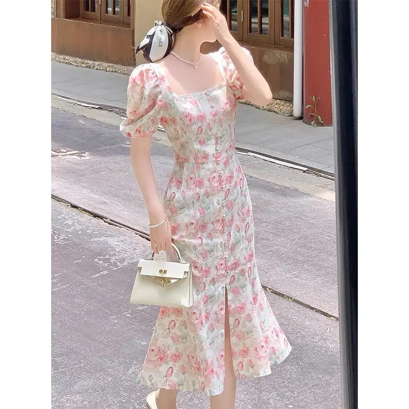 White And Thin Bubble Sleeve Pink Floral Dress