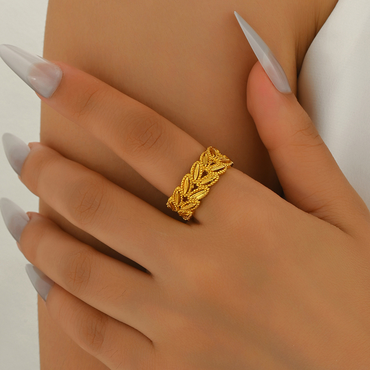 Cross-border European American Light Luxury Women Ring, Niche Wheat Ear Metal Design 18K Gold Plated Adjustable Open Index Finger Ring, Daily Finger J