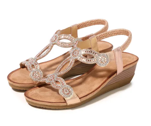 Retro Ethnic Bohemian Wedge Sandals With Rhinestones Champagne 38 - Shop at LoveMi