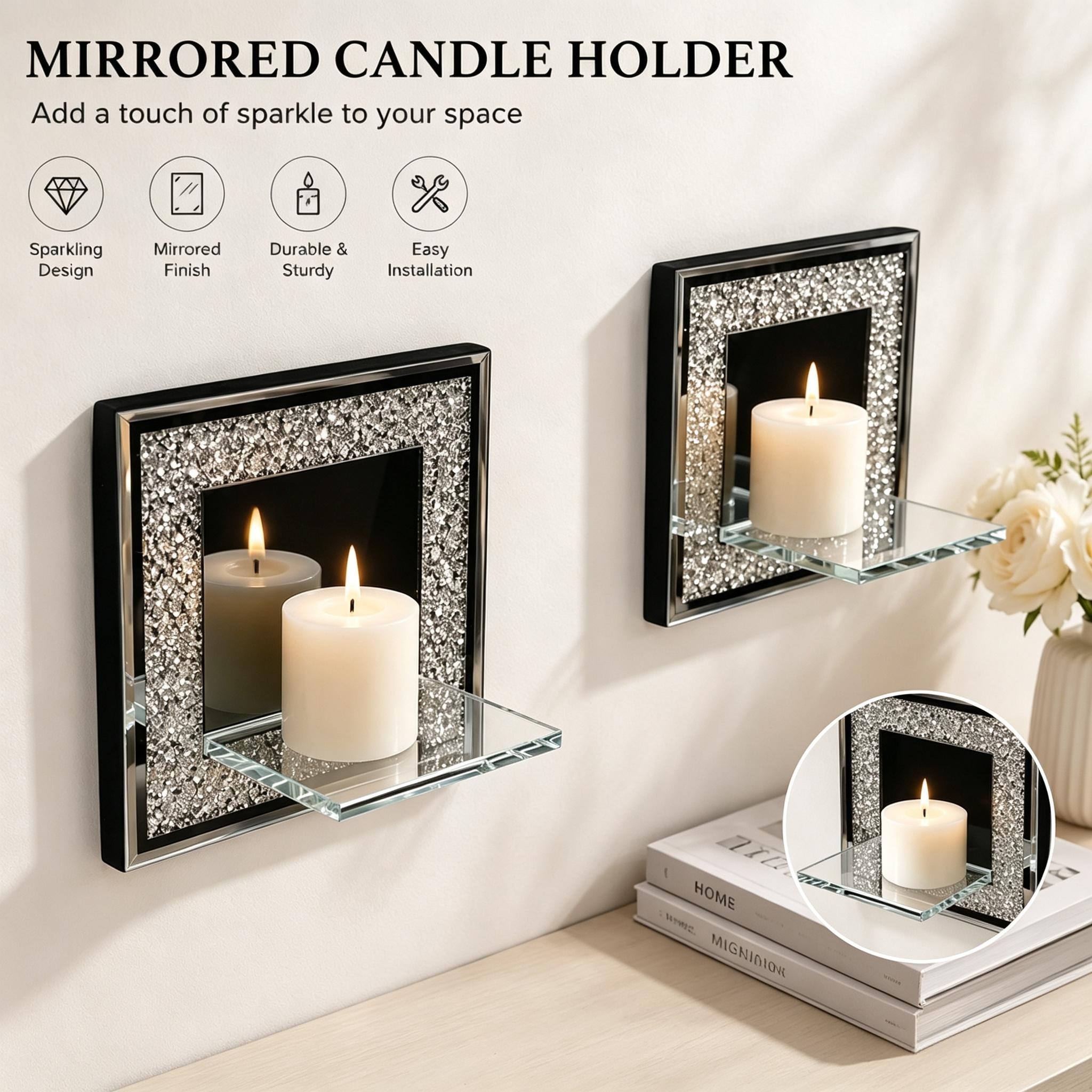 Crushed Diamond Mirrored Wall Candle Sconce, Square Silver Glass Wall Mounted Candle Holder Shelf, Luxury Sparkle Wall Art Decor For Bedroom Living Room Home