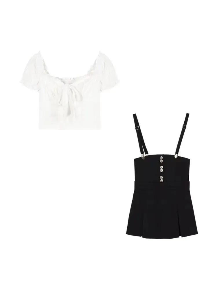Summer Shirt Suspender Skirt Sweet Set - Shirt Suspender Skirt-S